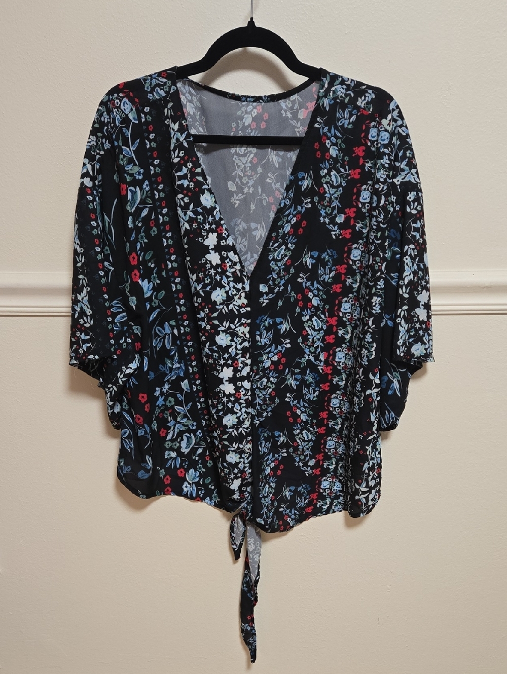 Floral Tie-Front V-Neck Blouse - Black with Blue & Red Floral